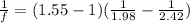 \frac{1}{f}=(1.55-1)(\frac{1}{1.98}-\frac{1}{2.42})