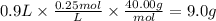 0.9 L \times \frac{0.25mol}{L} \times \frac{40.00g}{mol} = 9.0 g