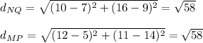 d_{NQ}=\sqrt{(10-7)^2+(16-9)^2}=\sqrt{58}\\\\d_{MP}=\sqrt{(12-5)^2+(11-14)^2}=\sqrt{58}