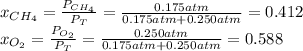 x_{CH_4}=\frac{P_{CH_4}}{P_T}=\frac{0.175atm}{0.175atm+0.250atm}=0.412\\x_{O_2}=\frac{P_{O_2}}{P_T}=\frac{0.250atm}{0.175atm+0.250atm}=0.588