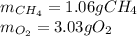 m_{CH_4}=1.06gCH_4\\m_{O_2}=3.03gO_2