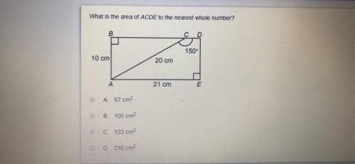 What is the area of ACDE to the nearest whole number? A. 87 cm2 B. 105 cm2 C. 123 cm2 D. 210 cm2
