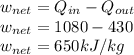 w_{net} = Q_{in} - Q_{out}\\w_{net} = 1080 - 430\\w_{net} = 650 kJ/kg