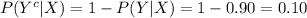 P(Y^{c}|X)=1-P(Y|X)=1-0.90=0.10