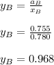 y_B = \frac{a_B}{x_B} \\ \\ y_B = \frac{0.755}{0.780} \\ \\ y_B = 0.968
