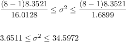 \dfrac{ (8 - 1) 8.3521}{ 16.0128} \leq \sigma^2 \leq \dfrac{ (8 - 1) 8.3521}{1.6899}\\\\\\3.6511\leq \sigma^2\leq 34.5972