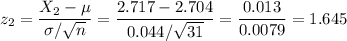 z_2=\dfrac{X_2-\mu}{\sigma/\sqrt{n}}=\dfrac{2.717-2.704}{0.044/\sqrt{31}}=\dfrac{0.013}{0.0079}=1.645