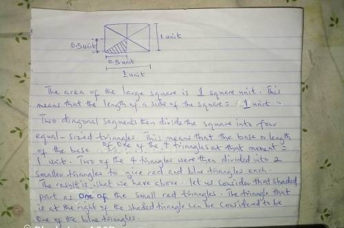 In a diagram, the area of the large square is 1 square unit. two diagonal segments divide the square