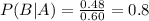 P(B|A) = \frac{0.48}{0.60} = 0.8
