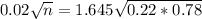 0.02\sqrt{n} = 1.645\sqrt{0.22*0.78}
