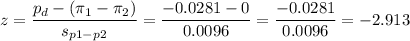 z=\dfrac{p_d-(\pi_1-\pi_2)}{s_{p1-p2}}=\dfrac{-0.0281-0}{0.0096}=\dfrac{-0.0281}{0.0096}=-2.913