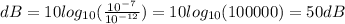 dB = 10 log_{10} (\frac{10^{-7}}{10^{-12}})= 10 log_{10} (100000) = 50 dB