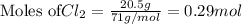 \text{Moles of} Cl_2=\frac{20.5g}{71g/mol}=0.29mol