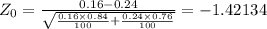Z_0 =\frac{0.16 - 0.24}{\sqrt{\frac{0.16\times 0.84}{100} +\frac{0.24\times 0.76}{100} } } = -1.42134
