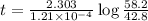 t=\frac{2.303}{1.21\times 10^{-4}}\log\frac{58.2}{42.8}
