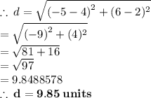 \therefore \: d =  \sqrt{ {( - 5 - 4)}^{2}  + (6 - 2)^{2} } \\  \hspace{16 pt} =  \sqrt{ {( - 9)}^{2}  + (4)^{2} }  \\  \hspace{16 pt} =  \sqrt{ {81}  + 16 }  \\  \hspace{16 pt} =  \sqrt{97 } \\  \hspace{16 pt}=  9.8488578 \\  \red{ \bold{ \therefore \: d =9.85 \: units }}\\