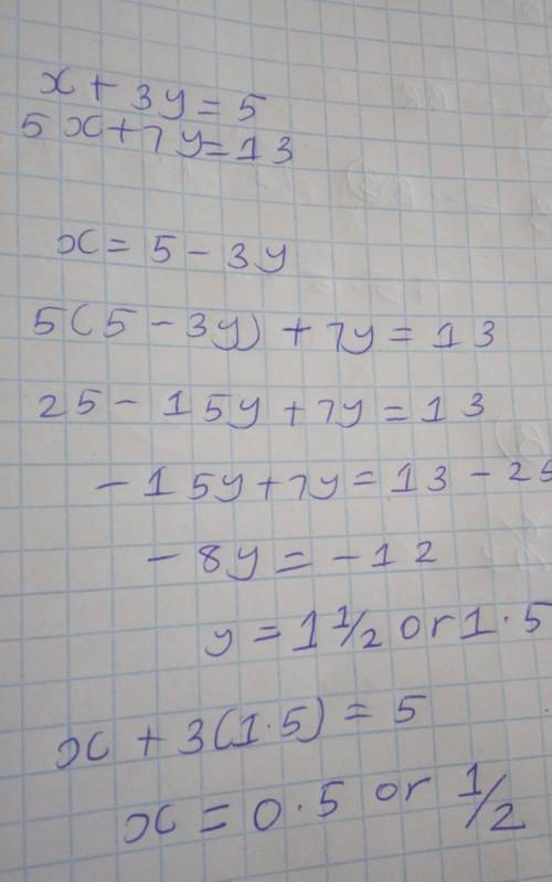 X+3y=5 5x+7y=13  Por sustitución