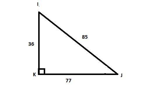 In ΔIJK, the measure of ∠K=90°, KJ = 77, IK = 36, and JI = 85. What ratio represents the cosine of ∠