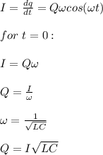 I=\frac{dq}{dt}=Q\omega cos(\omega t)\\\\for \ t= 0:\\\\I=Q\omega\\\\Q=\frac{I}{\omega}\\\\\omega=\frac{1}{\sqrt{LC}}\\\\Q=I\sqrt{LC}
