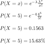 P(X=x) = e^{-\lambda}\frac{\lambda^{x}}{x!}\\\\P(X=5) = e^{-4}\frac{4^{5}}{5!}\\\\P(X=5) = 0.1563\\\\P(X=5) = 15.63 \%