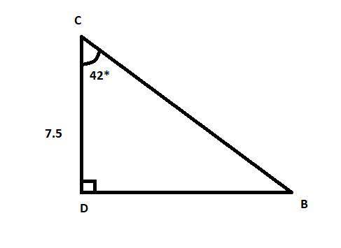 In ΔBCD, the measure of ∠D=90°, the measure of ∠C=42°, and CD = 7.5 feet. Find the length of DB to t