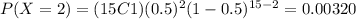 P(X=2)=(15C1)(0.5)^2 (1-0.5)^{15-2}=0.00320
