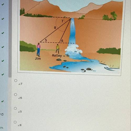 Which is the angle of elevation from Kelley to the top of the waterfall? ∠7 ∠5 ∠8 ∠6