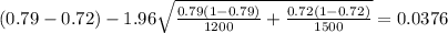 (0.79-0.72) -1.96 \sqrt{\frac{0.79(1-0.79)}{1200} +\frac{0.72(1-0.72)}{1500}} =0.0376