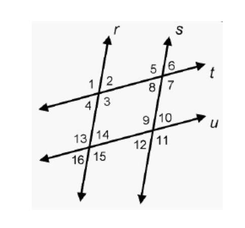 Parallel lines r and s are cut by two transversals, parallel lines t and u. Lines r and s are crosse