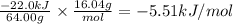 \frac{-22.0kJ}{64.00g} \times \frac{16.04g}{mol} = -5.51 kJ/mol