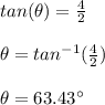 tan(\theta)=\frac{4}{2}\\\\\theta = tan^{-1}(\frac{4}{2})\\\\\theta = 63.43^{\circ}