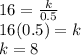 16=\frac{k}{0.5} \\ 16(0.5) = k \\ k=8