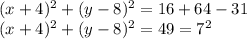 (x+4)^2+(y-8)^2=16+64-31\\(x+4)^2+(y-8)^2=49=7^2