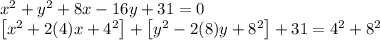 x^2+y^2+8x-16y+31=0\\\left [ x^2+2(4)x+4^2 \right ]+\left [ y^2-2(8)y+8^2 \right ]+31=4^2+8^2