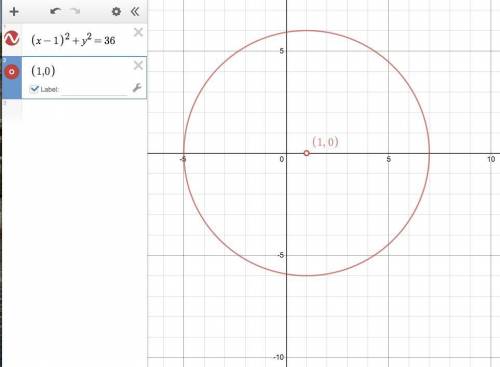 (X-1) squared + y squared = 36. What is the center and radius of the circle