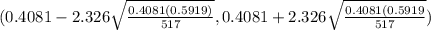 (0.4081  - 2.326   \sqrt{\frac{0.4081 (0.5919 )}{517} } , 0.4081+ 2.326\sqrt{\frac{0.4081(0.5919 }{517} } )