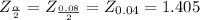 Z_{\frac{\alpha }{2} } = Z_{\frac{0.08}{2} } = Z_{0.04} = 1.405