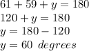 61 + 59 + y = 180 \\ 120 + y = 180 \\ y = 180 - 120 \\  y = 60 \:  \: degrees