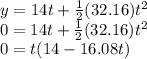 y = 14t+\frac{1}{2}(32.16)t^{2}\\0 = 14t+\frac{1}{2}(32.16)t^{2}\\0 =t (14 - 16.08t)