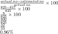 \frac{actual  \: no- estimated \: no}{actual \: no}  \times 100 \\  \frac{825 - 817}{825}  \times 100 \\  \frac{8}{825}  \times 100 \\  \frac{800}{825}  \\  \frac{32}{33}  \\ 0.96\%