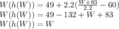 W(h(W))= 49+2.2(\frac{W+83}{2.2} -60)\\W(h(W))= 49-132+W+83\\W(h(W))=W