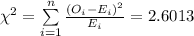 \chi^{2}=\sum\limits^{n}_{i=1}{\frac{(O_{i}-E_{i})^{2}}{E_{i}}}=2.6013