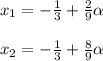 x_1 = -\frac{1}{3}  + \frac{2}{9} \alpha  \\\\x_2 = -\frac{1}{3}  + \frac{8}{9} \alpha