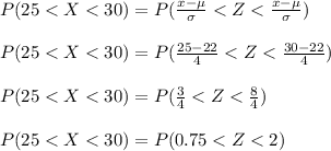 P(25 < X < 30) = P( \frac{x - \mu}{\sigma} < Z < \frac{x - \mu}{\sigma} )\\\\P(25 < X < 30) = P( \frac{25 - 22}{4} < Z < \frac{30 - 22}{4} )\\\\P(25 < X < 30) = P( \frac{3}{4} < Z < \frac{8}{4} )\\\\P(25 < X < 30) = P( 0.75 < Z < 2 )\\\\