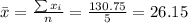 \bar x= \frac{\sum x_i}{n}=\frac{130.75}{5}=26.15