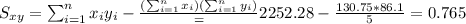 S_{xy}=\sum_{i=1}^n x_i y_i -\frac{(\sum_{i=1}^n x_i)(\sum_{i=1}^n y_i)}=2252.28-\frac{130.75*86.1}{5}=0.765