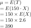 \mu=E(T)\\=E(150\cdot X)\\=150\times E(X)\\=150\times 2.6\\=390