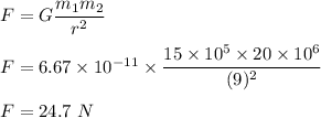 F=G\dfrac{m_1m_2}{r^2}\\\\F=6.67\times 10^{-11}\times \dfrac{15\times 10^5\times 20\times 10^6}{(9)^2}\\\\F=24.7\ N
