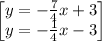 \begin{bmatrix}y=-\frac{7}{4}x+3\\ y=-\frac{1}{4}x-3\end{bmatrix}