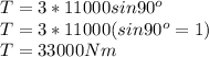 T = 3*11000sin90^{o} \\T = 3*11000 (sin90^{o} =1)\\T = 33000Nm